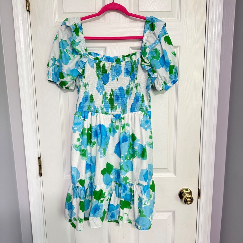 Sugarlips Blue Green Floral Smocked Puff Sleeve Tiered Mini Dress Large